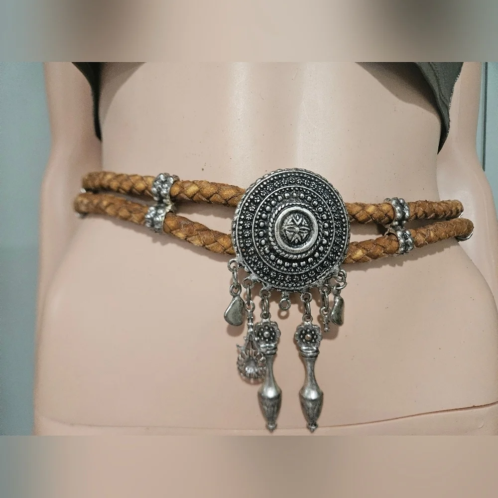 Vintage Made in Italy Braided Leather Medallion Belt – Artisan Statement Piece
